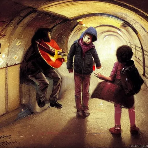 Prompt: inside the paris subway a child is putting his finger in the nose, a musician is playing. by greg rutkowski