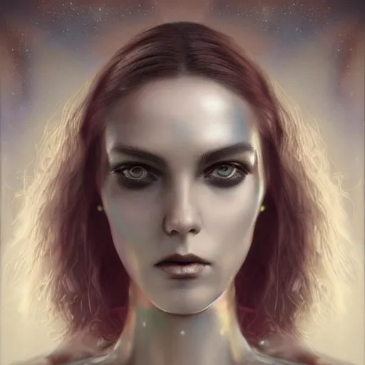 Prompt: By Tom Bagshaw, ultra realist soft painting of an attractive cyberpunk female with sillicon cyborg skin, with thin lustrous long hair floating, photorealistic eyes render, looking at camera, curiosities carnival, symmetry accurate features, very intricate details, focus, dark fantasy background, black and white, curvy