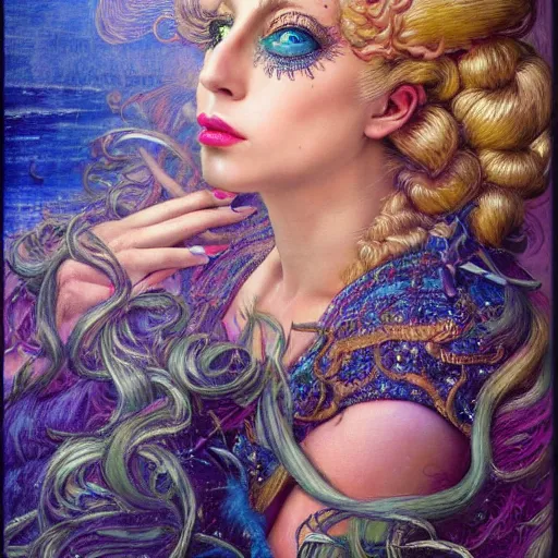 Image similar to lady gaga artpop act ii album, intricate detail, hyper detail, gaston bussiere, sandro botticelli style, with neon aqua rapunzel dreadlocks, detailed, masterpiece, sharp focus,