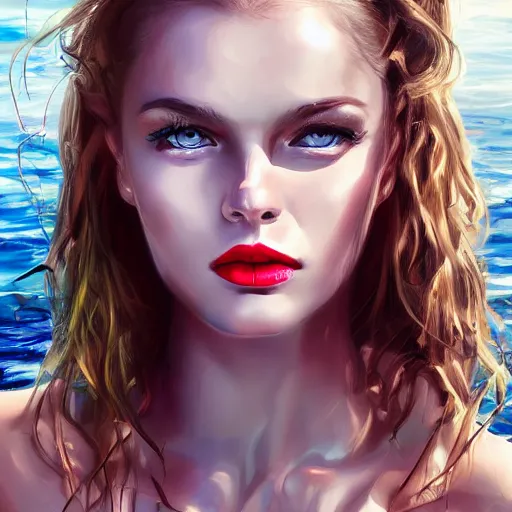 Image similar to beautiful russian models on a yacht wearing a white dress, detailed face with pink lips, blue eyes and large forehead, moody lighting, peaceful atmosphere, digital art, highly detailed, high contrast, beautiful lighting, award winning, trending on art station, 8 k,