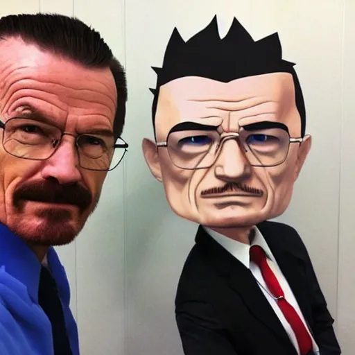 Image similar to walter white doing a selfie with phoenix wright, realistic, cool, nice, beautiful