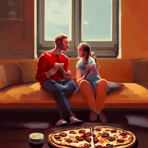 Image similar to two young friends sitting one in front another on couches, a small chair in between them with large pizza on the chair, they are eating pizza, room, fourniture, good colors, 8 k, detailed, by greg rutkowski, trending on artstation, best of artstation