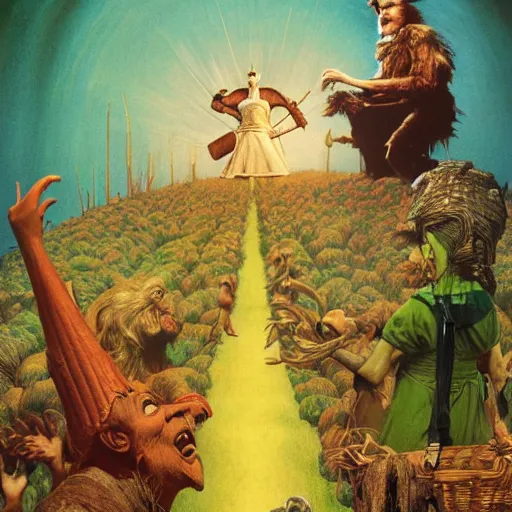 Image similar to Wizard of oz movie poster, by lawrence alma-tadema and zdzislaw beksinski and norman rockwell and jack kirby and tom lovell and greg staples, artstation creature art