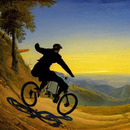 Prompt: Painting of A downhill Mountainbiker jumping over a ridge in the alps on a beautiful day at Sunset with a blue umbrella in one hand, in the style of Caspar David Friedrich