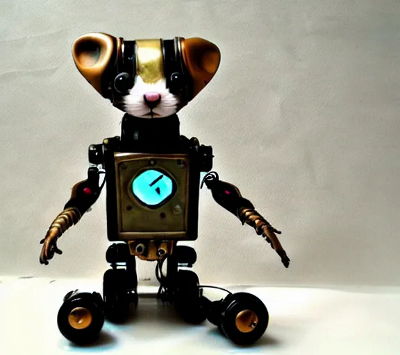 Prompt: futuristic steampunk ferret - shaped pet - robot, steampunk ferret - robot, borderlands - inspired ferret - shaped robot pet