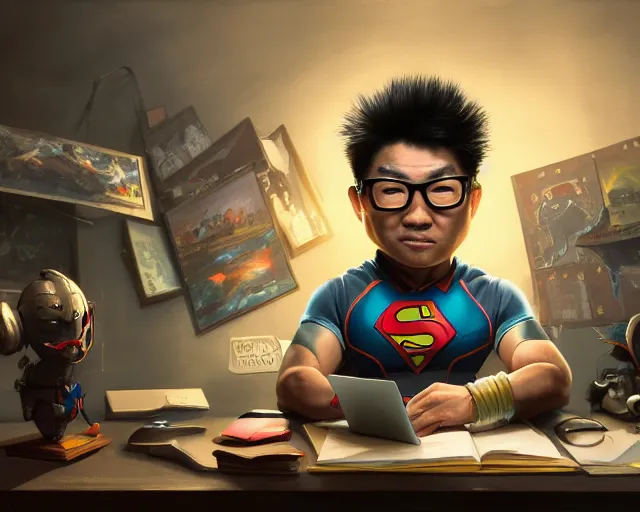 Image similar to an insanely detailed painting of a nerdy asian man wearing a superhero costume, sitting at a desk, staring at the nervously at the computer and typing, in the style of peter mohrbacher, dramatic lighting and composition, octane render, pixar, trending on artstation, concept art, comic book, view from behind