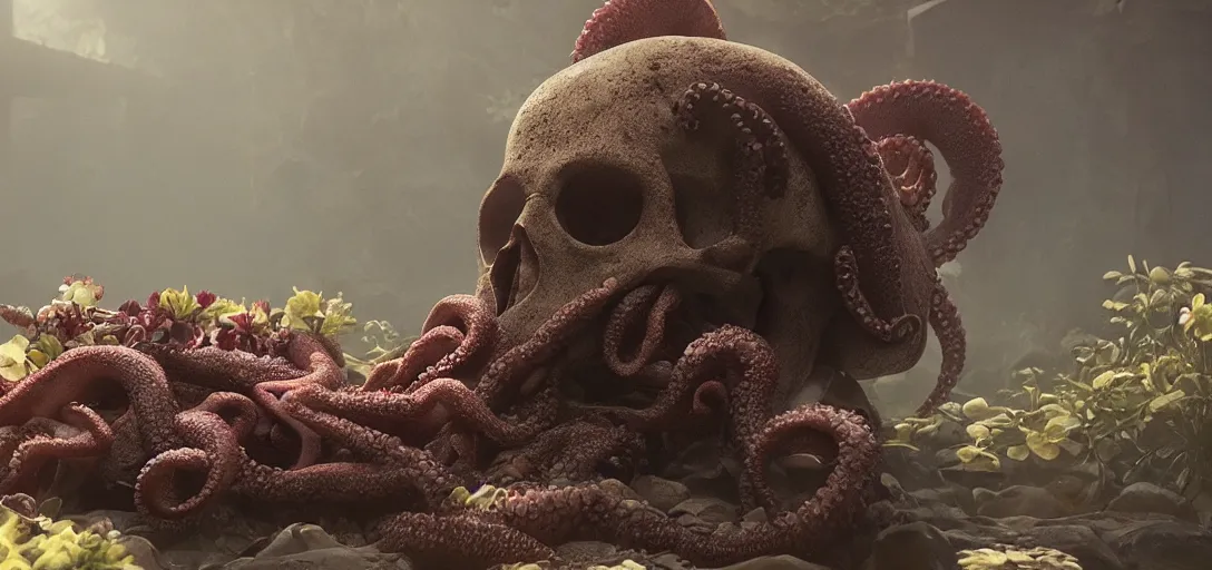 Prompt: an | octopus in the shape of a skull | surrounded by | flowers | at dawn, foggy, sun rays, cinematic shot, photo still from movie by denis villeneuve, wayne barlowe