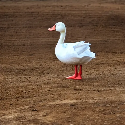 Prompt: a white duck, standing on a motocross track