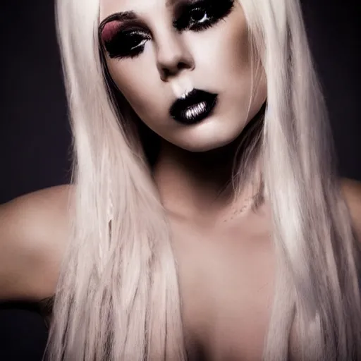 Image similar to modeling photograph kerli koiv, blonde, femme fatale, beautiful, dark, mysterious, bubble goth makeup, detailed flawless face, dramatic darkroom lighting high exposure, head and shoulders 8 0 mm camara