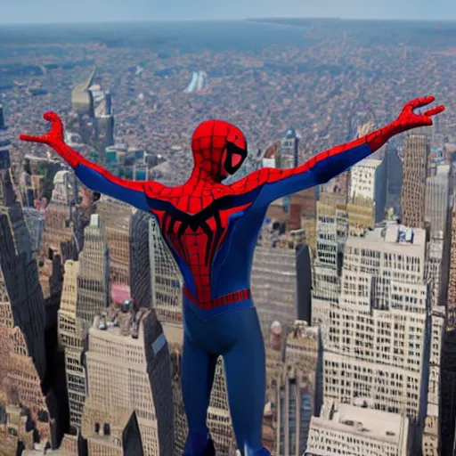 Image similar to marvel spider - man arms out from back standing on top of the empire state building