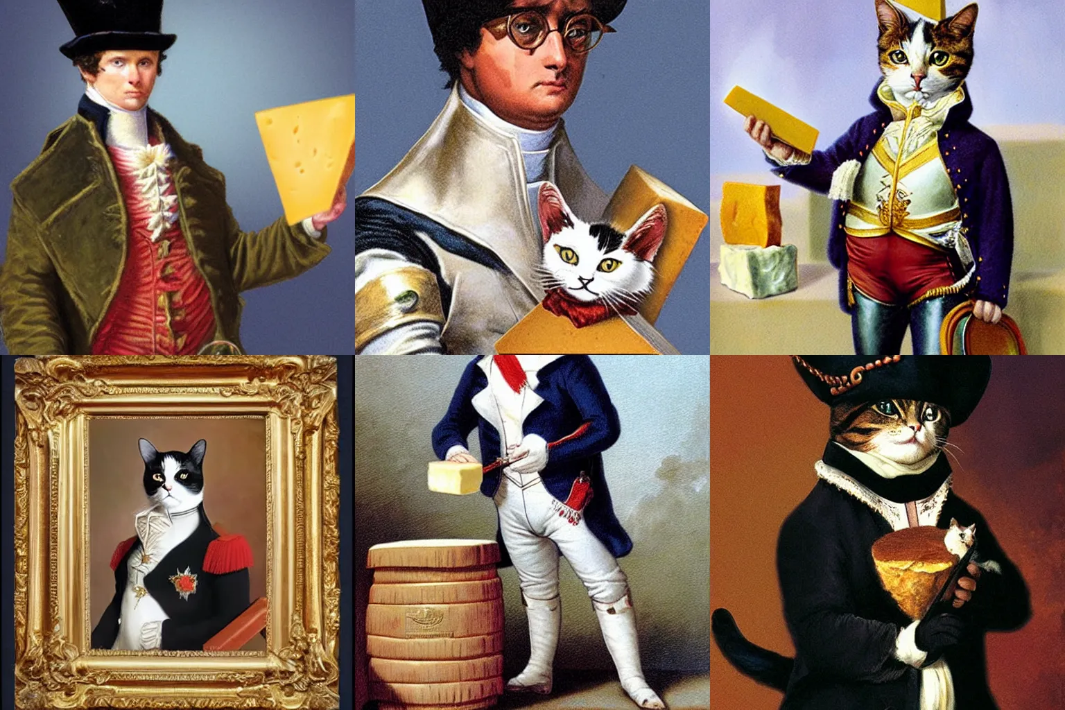 Prompt: a cat dressed as Napoleon holding cheese by Drew Struzan