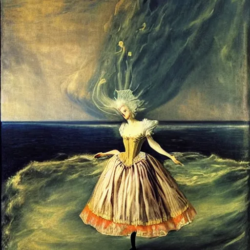 Prompt: Marie Antoinette levitating over the waters. By El Greco, Remedios Varo, Salvador Dali, Carl Gustav Carus, John Atkinson Grimshaw.