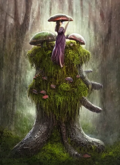 Prompt: a beautiful fantasy woman makes camp under a large mushroom, moss, dewdrops, rainstorm, watercolor, dramatic lighting, cinematic, establishing shot, extremely high detail, foto realistic, cinematic lighting, pen and ink, intricate line drawings, by Yoshitaka Amano, Ruan Jia, Kentaro Miura, Artgerm, post processed, concept art, artstation, matte painting, style by eddie mendoza, raphael lacoste, alex ross,