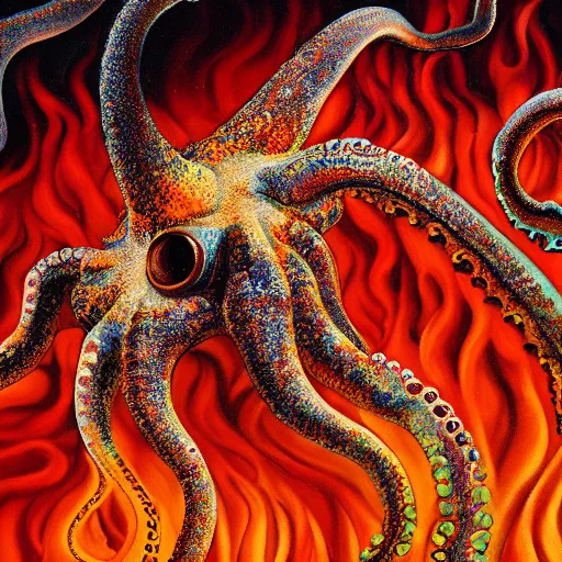 Image similar to fiery whimsical emotional eyes cephalopod, surreal painting by Ernst Haeckel, in a photorealistic macro photograph with shallow DOF, artstation