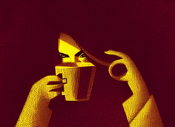 Image similar to portrait of a heroine drinking coffee, colorful,vivid, Mads Berg, Karolis Strautniekas,small finely stippled light, dramatic lighting,fine texutre, editorial illustration, detailed, matte print, dynamic composition,moody, cinematic, film grain,perspective