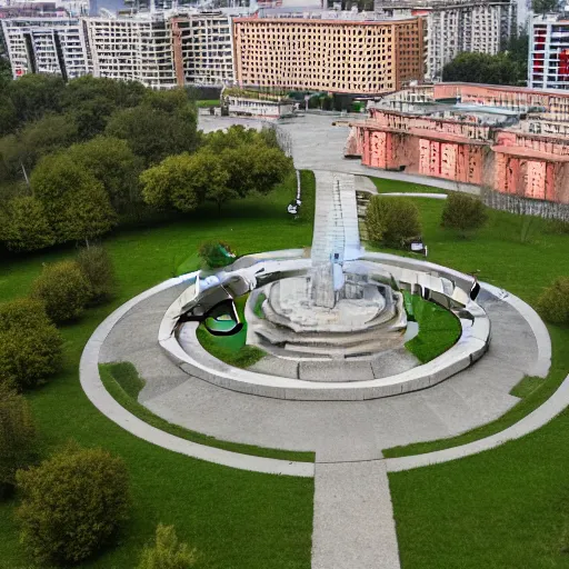 Image similar to aerial view of brutalist extensive monument ricardo bofill ( ( ( ( ( park ) ) ) ) ) spomenik with ( ( railings ) ) photo, 4 k