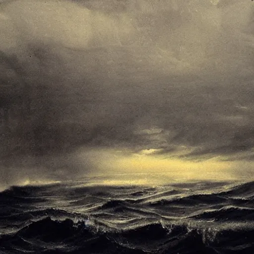Prompt: dark and stormy night on the open sea, atmospheric,