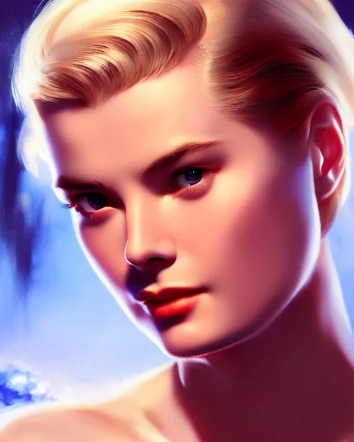 Image similar to photo of grace kelly, film still, dslr, by greg rutkowski, enoch bolles, ross tran, artgerm, wlop glossy skin, pearlescent, very coherent, cute