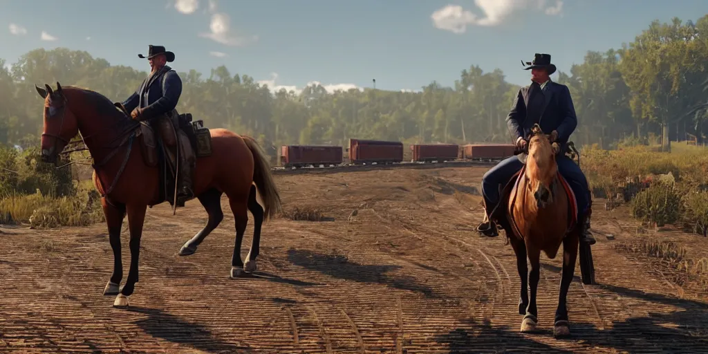 Prompt: Donald Trump from Red Dead Redemption 2 riding a horse next to a train, wide shot, ray tracing, 8k by artgerm and greg rutkowski
