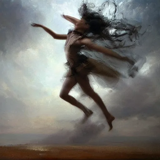 Prompt: painting of a beautiful Harpey, dancing on a cloud, by Jeremy Mann and Jason Jenicke, detailed, stylized, loose brush strokes, intricate, realistic, exaggerated lighting, sense of scale, ferocious, sensual