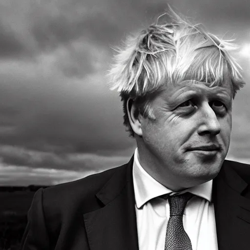 Prompt: Boris Johnson in a desolate wasteland surrounded by horryfying shadow monsters, black and white photo