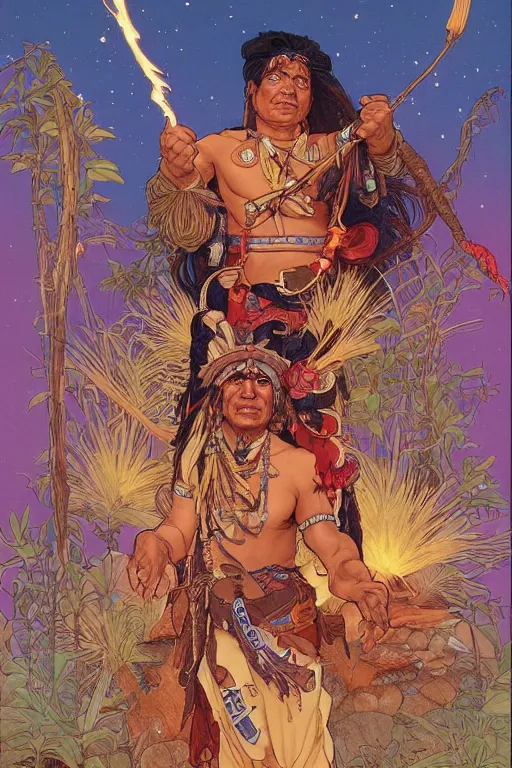 Image similar to serene scene of an apache medicine man telling stories around a fire, by artgerm and yoshitaka amano and moebius and alphonse mucha, hyperdetailed, dc comics, ornate, nebula, explosions in the sky, trending on artstation