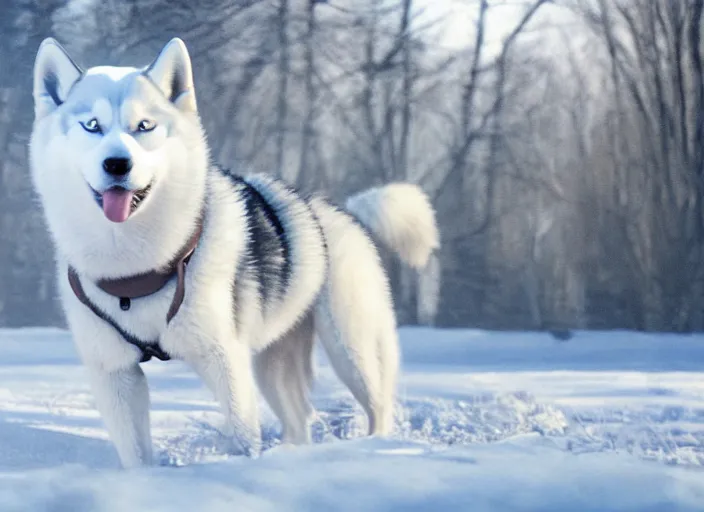 Image similar to film still of an anthropomorphic standing upright man dog white vested husky!!!!!! in a white vest wearing a white vest!!!!! in the new sci - fi movie, 8 k