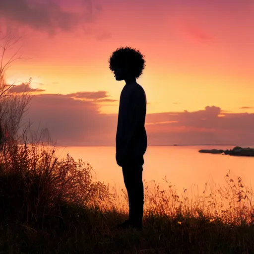 Image similar to dark skin man with curly hair, in the style of an anime film, standing alone in nature, sunset, backlit, contemplative, dreamy, pastel colors, youthful, fairylike