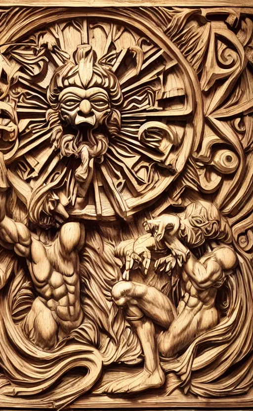 Image similar to an extremely detailed wood relief carving depicting a monstrous image of the god apollo transforming into a stylized sun, medieval, renaissance, manuscript, woodcut, in the style of albrecht durer, alchemical symbols