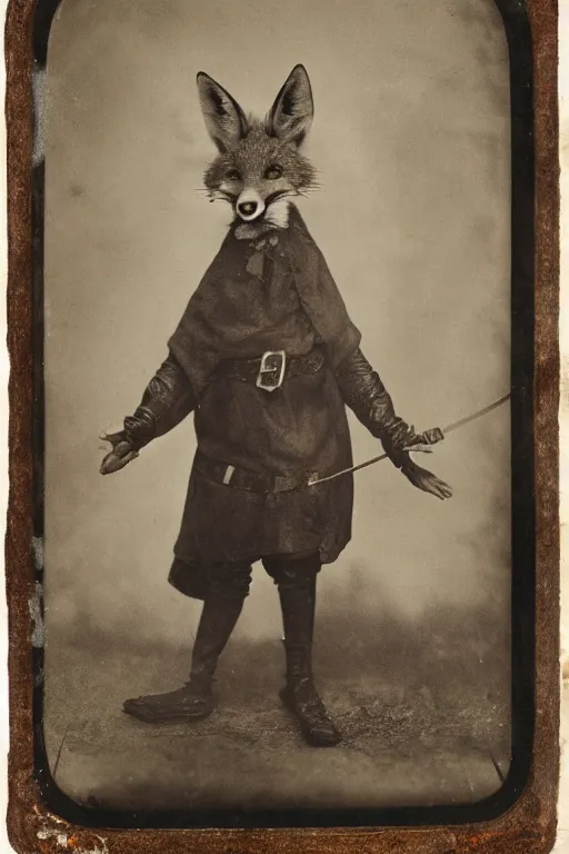 Image similar to a wet plate photo of an anthropomorphic fox dressed as robin hood