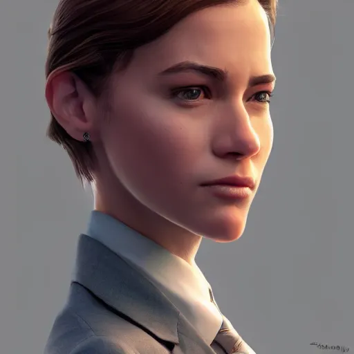 Image similar to beautiful girl protrait in a suit, character portrait, james gurney, character concept style trending on artstation, detailed face, concept art, detailed, octane render cinematic, photo-realistic, 8k, high detailed