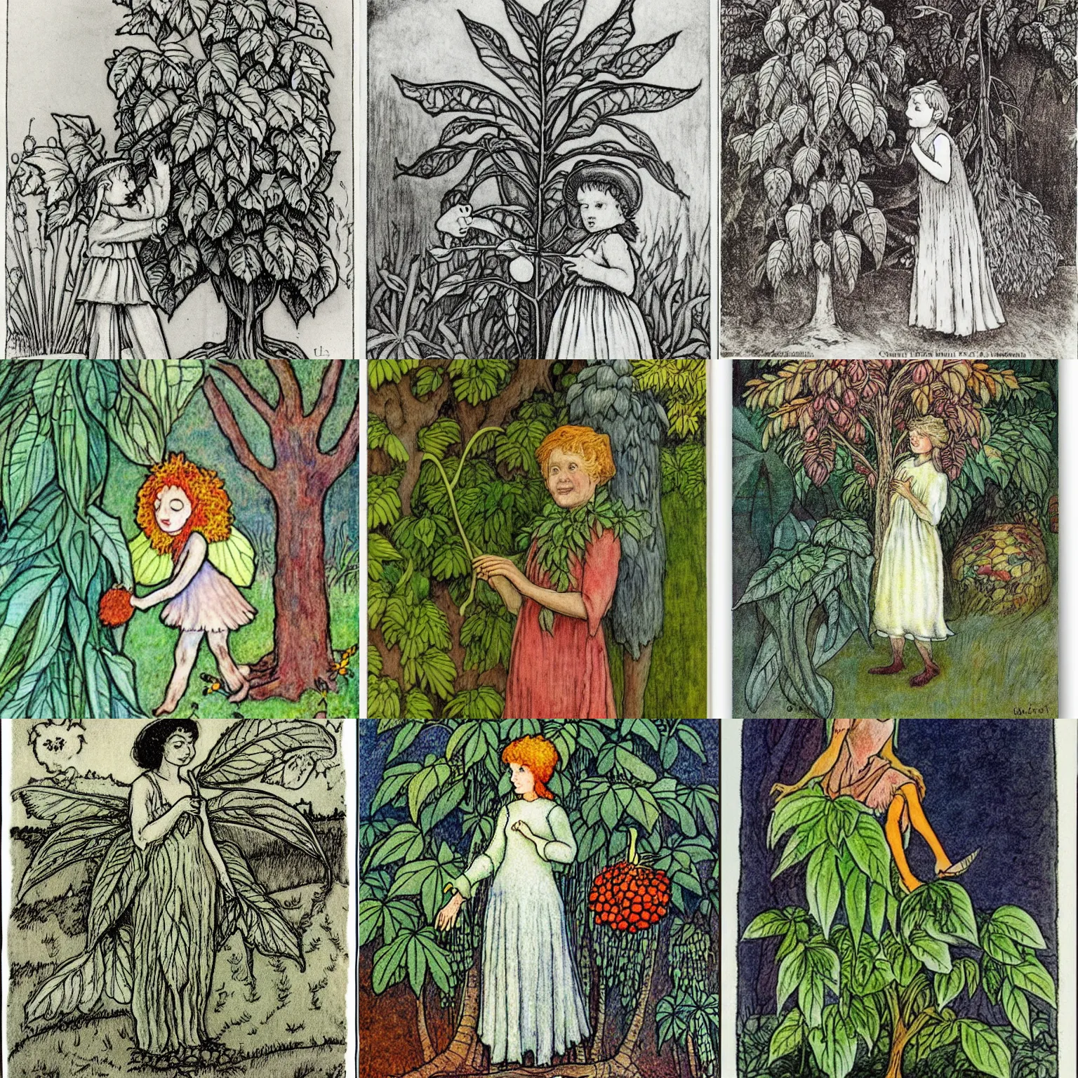 Prompt: a fairy posing with a castor bean plant by Elsa Beskow