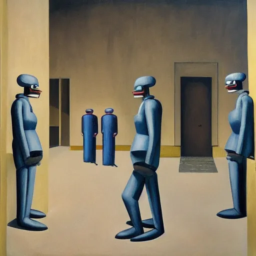 Prompt: drab workers wearing masks walking along cloisters, brutalist courtyard, watched by robots, dystopian, pj crook, edward hopper, oil on canvas