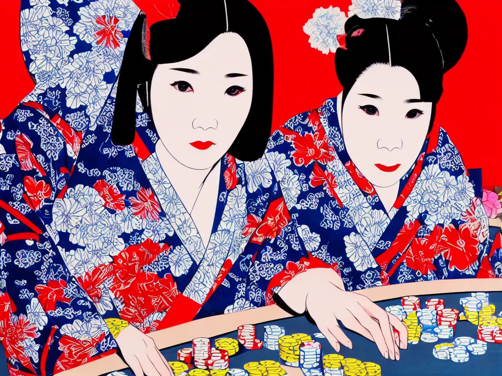 Image similar to hyperrealism composition of the detailed single woman in a japanese kimono sitting at a extremely detailed poker table with darth vader, fireworks, river on the background, pop - art style, jacky tsai style, andy warhol style, acrylic on canvas