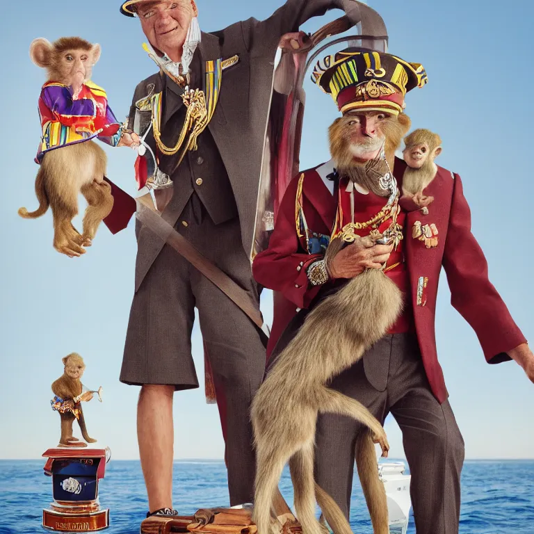 Image similar to high fashion photoshoot octane render portrait by wayne barlow and carlo crivelli and glenn fabry, a distinguished sea captain wearing a colorful uniform and holding a small monkey while standing on a beautiful high - end white and wood yacht, very short depth of field, bokeh