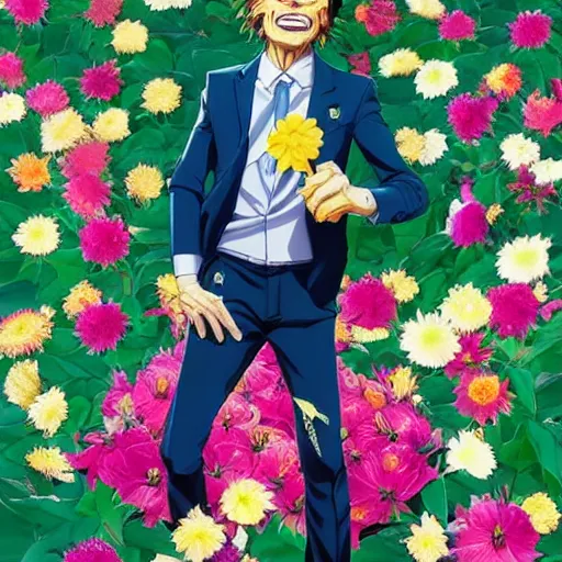 Prompt: willem dafoe, grinning, wearing a suit, posing, portrait surrounded by hibiscus flowers, jojo cover art, jojo anime style, david production, style of vento aureo cover art, style of stone ocean cover art, style of steel ball run cover art, style of jojolion cover art, ilya kuvshinov style, illustrated by hirohiko araki