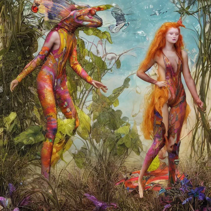 Prompt: a fashion editorial of sadie sink as a brightly colored sphinx amphibian hybrid with wet translucent skin. wearing an growing organic tactical wetsuit. by tom bagshaw, donato giancola, hans holbein, walton ford, gaston bussiere, brian froud, peter mohrbacher and magali villeneuve. 8 k, cgsociety