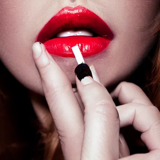 Prompt: woman smoking a cigarette, cigarette smoking, smoking, ( red lipstick ), lips on cigarette, puckering, smoke, close up