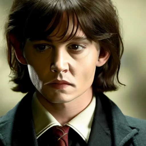 Prompt: Film Still of a Young Adult Johnny Depp playing Adult Tom Riddle in Harry Potter, Film Still, realistic, hyperrealistic, very realistic, very very realistic, highly detailed, very detailed, extremely detailed, detailed, detailed face, very detailed face, very detailed face, realism, HD Quality, 8k resolution, intricate details, body and head in frame, Real Life