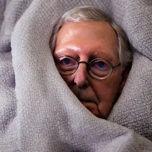 Sleepy Mitch McConnell wraps up in a warm blanket, Stable Diffusion