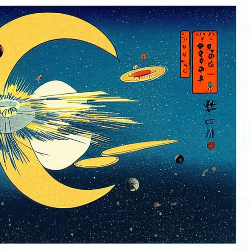 Prompt: A planet collision in the style of Ukiyo-e, explosions, outer space, aerial view