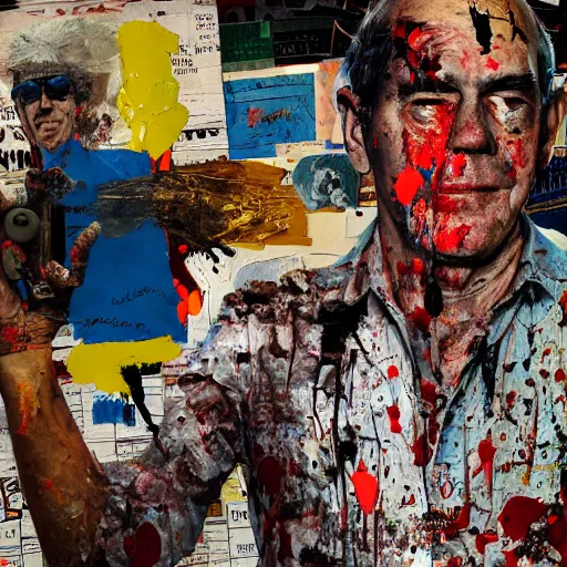 Image similar to hyperrealistic, photorealistic, mixed media oil painting of hunter s thompson, magazine scraps, plaster, blood, oil, mustard, splatter, greg rutkowski, basquiat, ralph steadman, wesley kimler