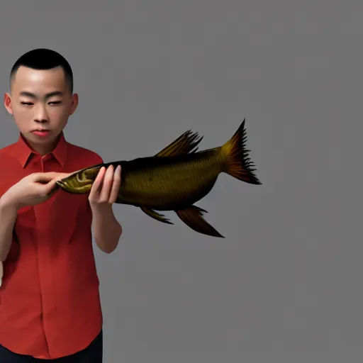 Prompt: dramatic portrait of chinese boy with buzz cut, holding a fish, low poly 3 d render