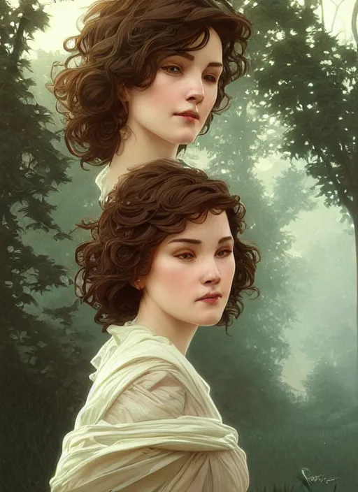 Image similar to a woman with short wavy hair, round face, cottagecore!!, river, trees, intricate, elegant, highly detailed, digital painting, artstation, concept art, smooth, sharp focus, illustration, art by artgerm and greg rutkowski and alphonse mucha