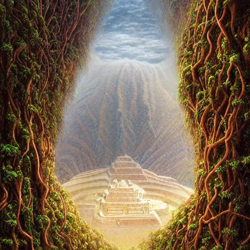 Prompt: intricate stunning highly detailed illustration of the inca lost city of gold, 🌱, by agostino arrivabene and vladimir kush, surreal, digital painting, ultra realistic, dramatic lighting, twisted vines, lush plants, gold, inca, pristine water, artstation