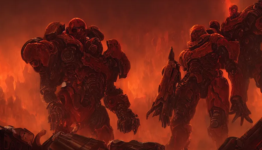 Image similar to Doom Slayer coming out of the underworld, hyperdetailed, artstation, cgsociety, 8k