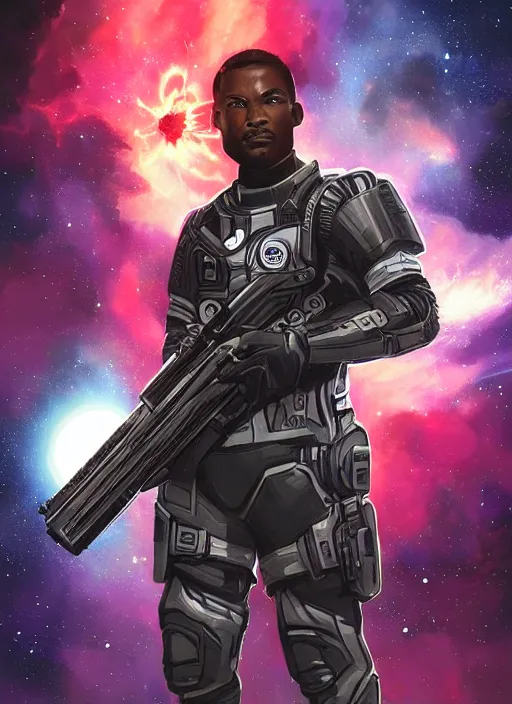 Image similar to space soldier, masculine black male holding a laser rifle in front of exploding nebulae, detailed digital illustration trending on artstation by artgerm and rutkowski