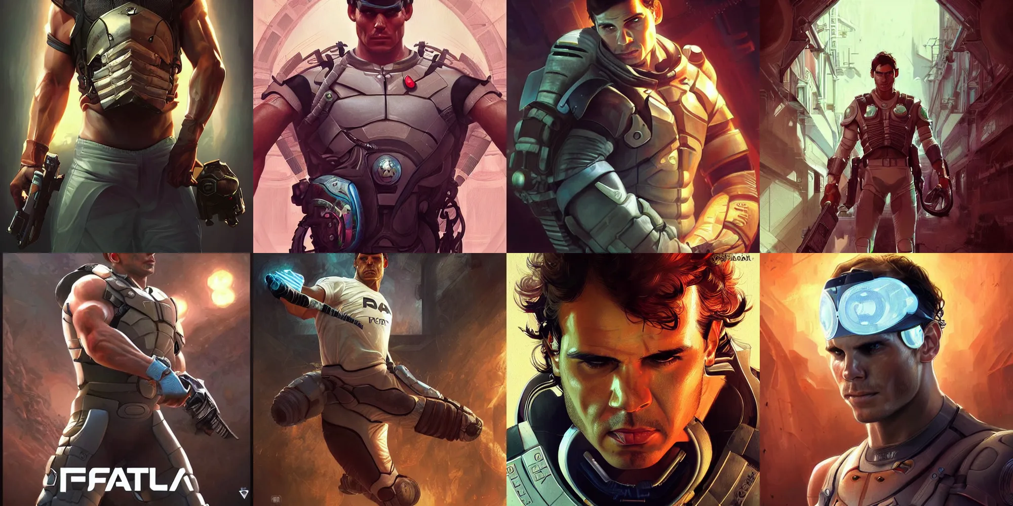 Prompt: Rafael Nadal from Dead Space, videogame cover art, highly detailed, digital painting, artstation, concept art, illustration, art by Artgerm and greg rutkowski and alphonse mucha