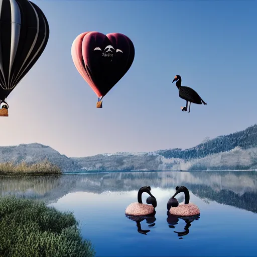 Image similar to photo of two black swans swimming in a beautiful reflective mountain lake, touching heads, forming a heart with their necks, a colorful hot air balloon is flying above the swans, hot air balloon, intricate, portrait, 8k highly professionally detailed, HDR, CGsociety, octane render, 4k