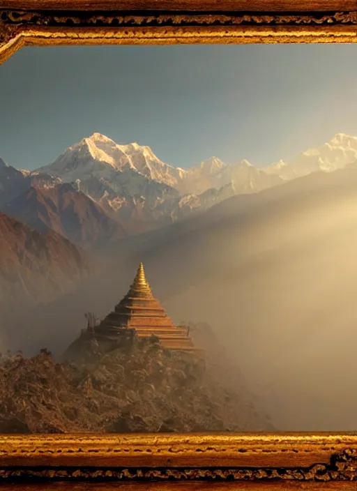 Image similar to hyper realistic and detailed vintage photo of a nepalese temple with rays of the sun shining though smoke and dust with himalayan peaks behind by national geographic